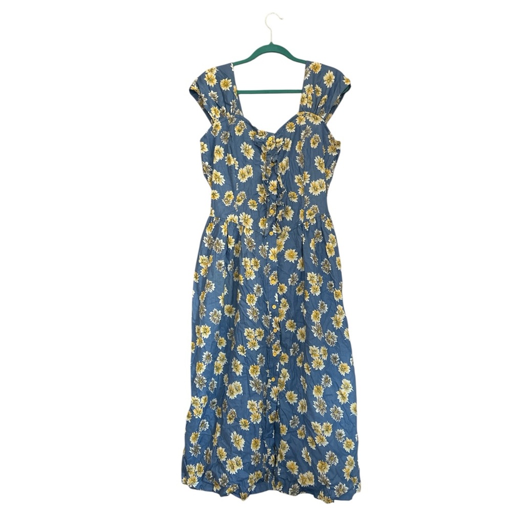 Boho Cottagecore Cap Sleeve Ruffle Front Smocked Back Midi Dress Size L